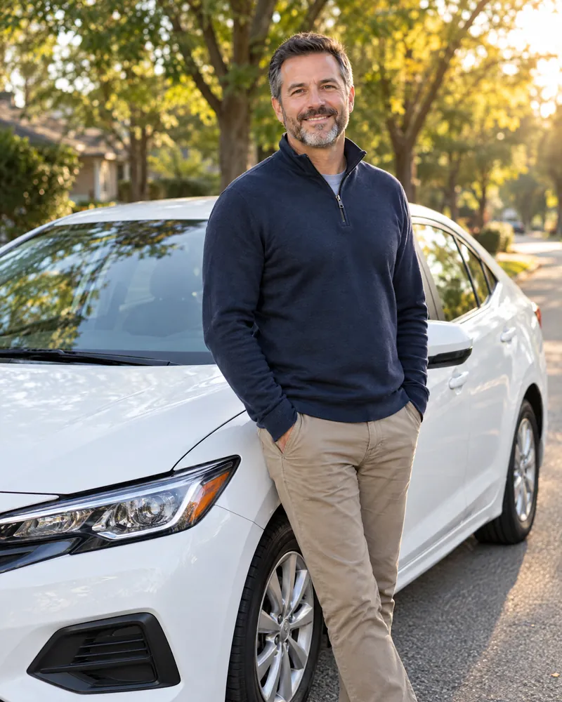 Driving instructor standing beside a white sedan